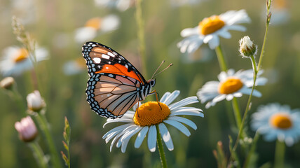 Macro shot of a butterfly resting on a wild daisy in a sunny meadow, blurry background.