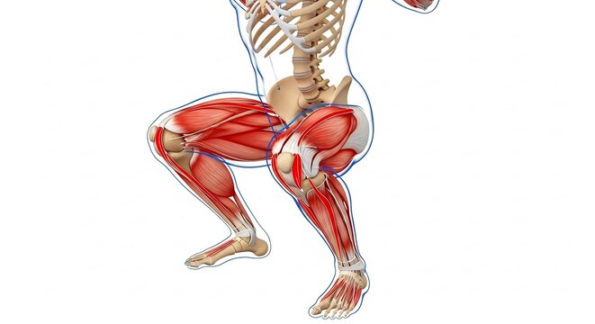 Anatomical illustration of human leg muscles and skeleton in motion.