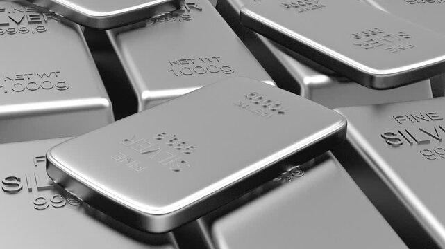 4K view of rows of silver bars. Video animation. Concept of saving money in precious metals.