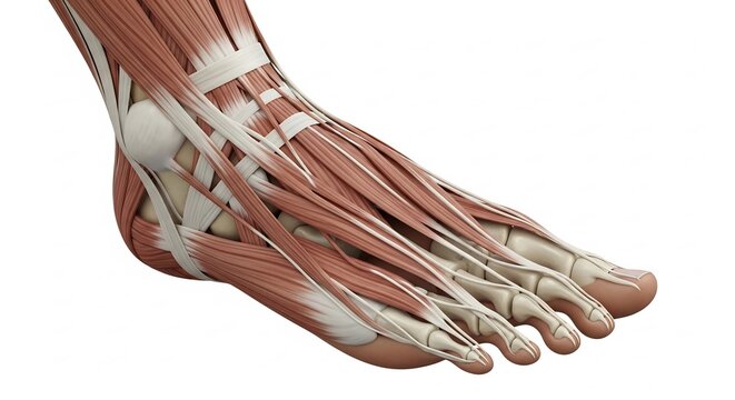 Detailed Anatomical Illustration of Human Foot Muscles and Tendons.