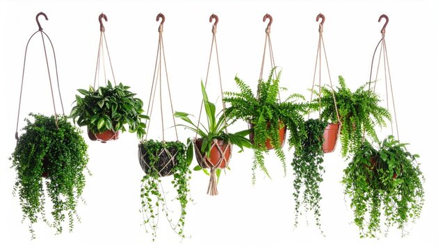 Green hanging house plants isolated on white, set 