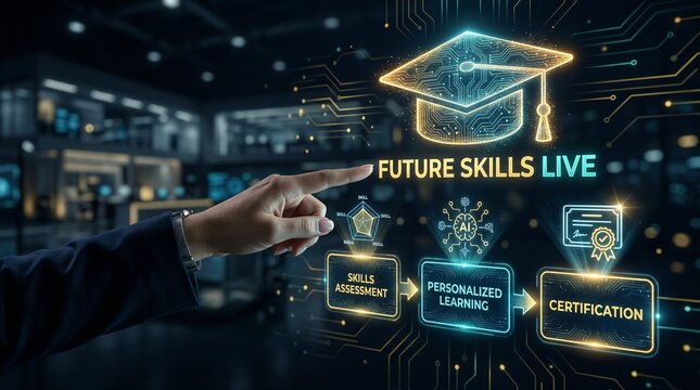 A person interacting with a futuristic digital interface for education and skill development