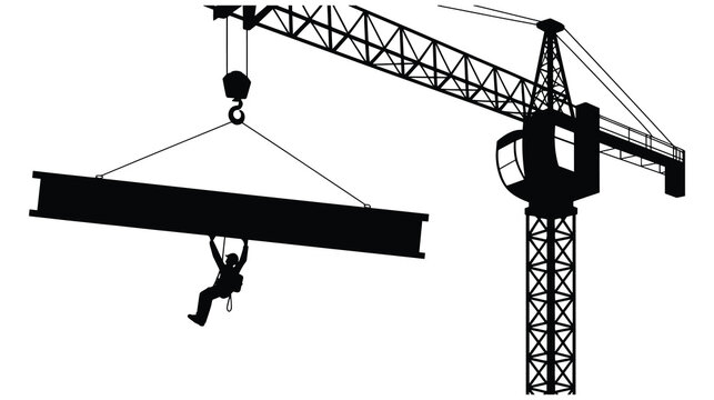 Construction worker suspended from steel beam being lifted by tower crane on site.