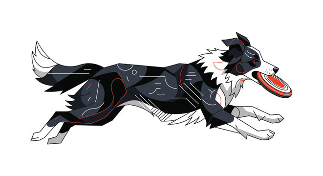 A stylized border collie enthusiastically chases a bright red and orange frisbee