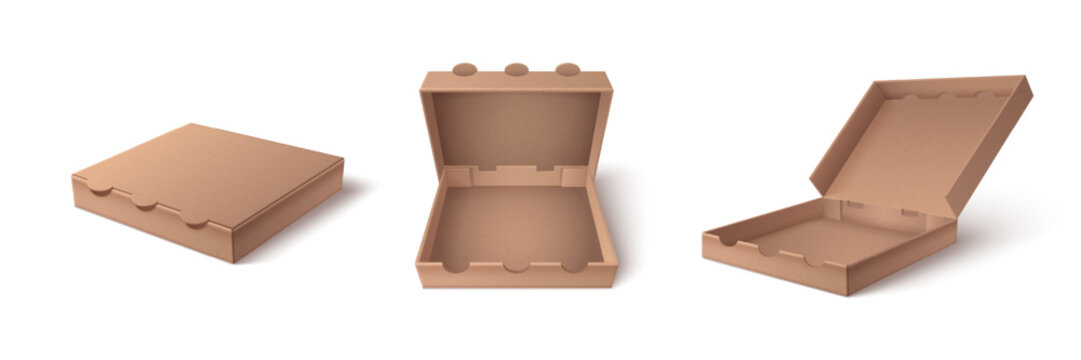 Open and closed cardboard pizza box mockup, 3D realistic vector illustrations. Brown empty carton package, square blank template for pizzeria branding, food delivery service, take away packaging