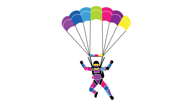 Colorful illustration depicts a skydiver descending with a vibrant parachute