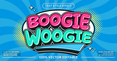Editable text effect vector “Boogie Woogie” features bold playful 3D lettering with funky retro vibes, vibrant colors, and lively rhythm perfect for music and dance themes. © Rtn_Studio