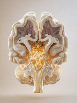 Coronal cross section of human brain anatomy illustration showing lateral ventricles and deep brain structures in warm amber gold tones on white background