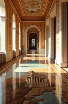 Grand hall inside villa with trompe loeil floor art creates depth perception illusion. Ornate walls, ceilings adorned with paintings. Sunlight streams through arched windows illuminating expansive
