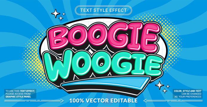 Editable text effect vector &ldquo;Boogie Woogie&rdquo; features bold playful 3D lettering with funky retro vibes, vibrant colors, and lively rhythm perfect for music and dance themes.