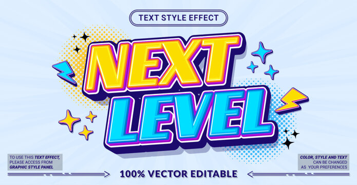 Editable text effect vector &ldquo;Next Level&rdquo; features bold 3D futuristic lettering with dynamic energy, perfect for gaming, achievement themes, and high-impact modern visuals.