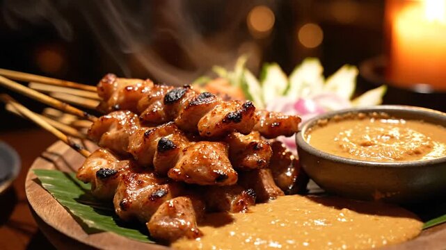 Grilled meat skewers with peanut sauce.