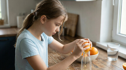 Fototapeta premium Young girl squeezing orange juice into bottle at wooden kitchen table 