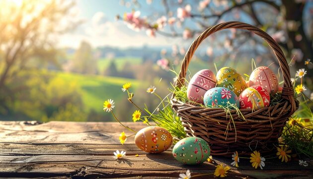 Easter painted eggs in the basket on wooden rustic table for your decoration in holiday. copy space 