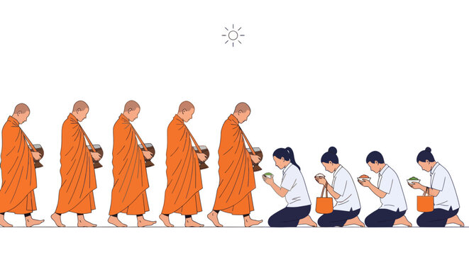 Buddhist monks collecting alms from people kneeling and making offerings.