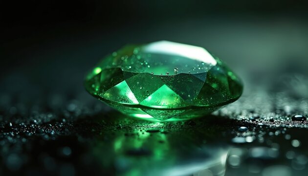 Macro shot of faceted green gemstone with water droplets resting on its polished surface. Jewel sits on dark, textured ground reflecting its vibrant glow, creating luxurious and elegant feel.
