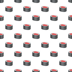 Cartoon style maki sushi rolls with red filling repeating on a white background © nsit0108