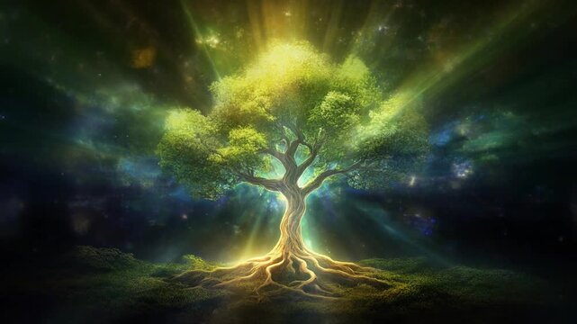Glowing growth of life, a fantastic giant tree growing in the darkness