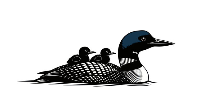 Illustration of a common loon swimming with two chicks on its back.