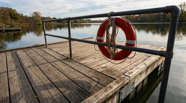 Lifebuoy hanging on railing of wooden dock by calm lake  