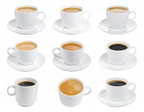 Mugs with espresso coffee isolated on white background