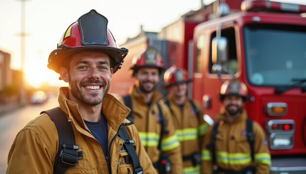 Firefighters in uniform stand together by red fire engine truck with helmets on. Men smile and show strong teamwork spirit. They are ready for emergency response.