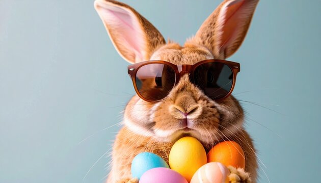 easter bunny rabbit wearing sunnies, shades, sunglasses holding colourful easter eggs