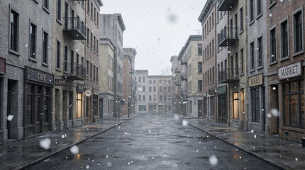Fototapeta premium Snow falling on empty city street in winter during daylight 