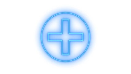 Obraz premium Blue neon plus sign in a glowing circular frame, representing positive action, addition, or new creation, isolated on transparent background.