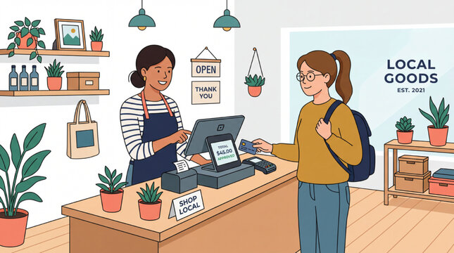 Illustration of small business transaction using POS machine at store counter.