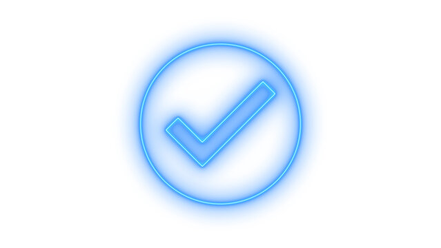 A vibrant blue neon checkmark icon, glowing brightly within a circular frame, symbolizing approval, completion, and success, digitally rendered and isolated on transparent background.