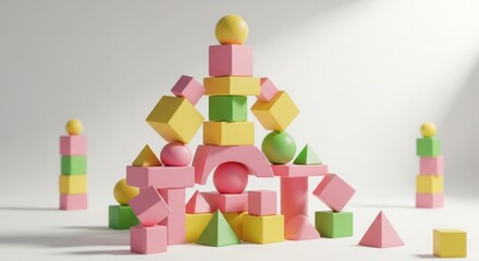 Fototapeta premium Tower of pastel colored building blocks and shapes with early childhood