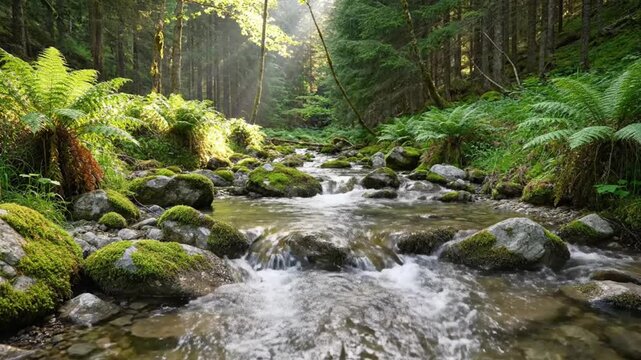 World Environment Day clear stream between mossy rocks lush forest nature water conservation
