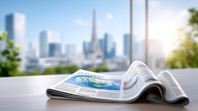 Open Newspaper on Table with Cityscape Background and Bright Sunlight Creating a Vibrant Atmosphere