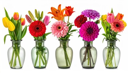 Obraz premium Set flower tulip, gerbera, lily, aster, dahlia bouquet in a vase isolated on white background 
