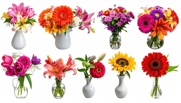 Set flower tulip, gerbera, lily, aster, dahlia bouquet in a vase isolated on white background 