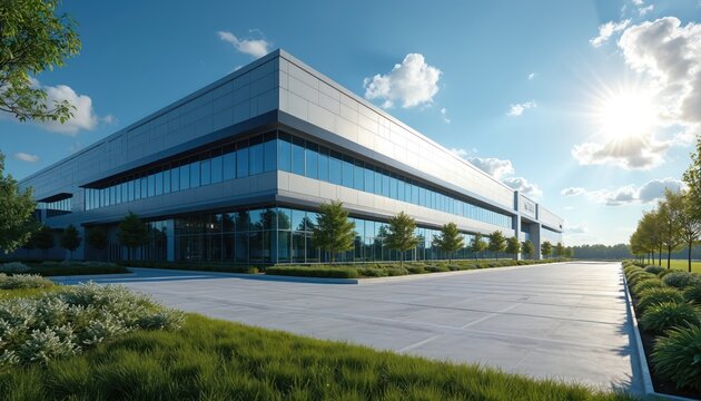 Modern industrial complex with glass facade under sunny blue sky. Large building exterior with green landscaping and empty parking lot. Business logistics center.