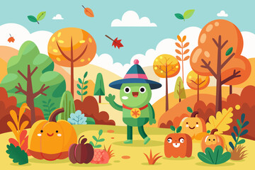 Naklejka premium Cartoon Autumn Fall Season Leaf Tree Pumpkin Character Vector Illustration Isolated Colorful Set 