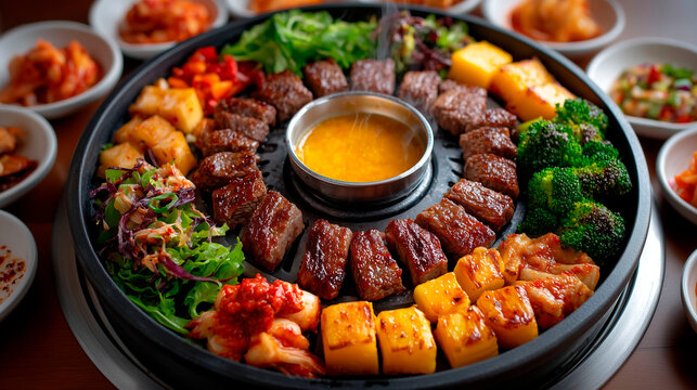 Korean bbq platter with grilled beef cubes vegetables and melted cheese in center pan