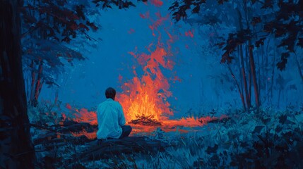 Fototapeta premium Someone in a white shirt in the dark forest at night began a fire. Bright orange flames flickered from the wood under a blue sky.