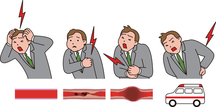 高血圧などからの病気のサイン。突然の頭痛、胸痛など症状があるビジネスマンのイラスト。