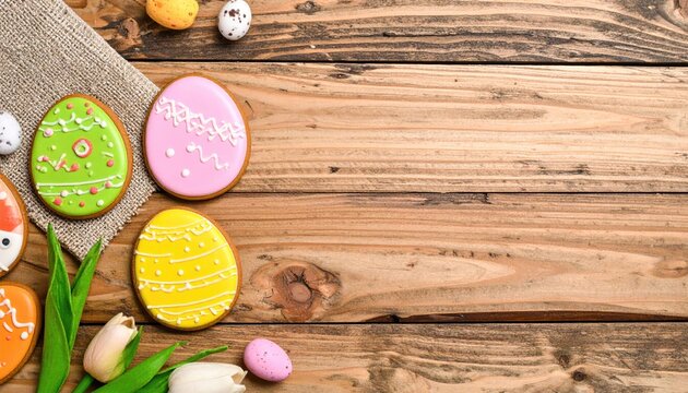 Easter cookies over wooden background with copy space 