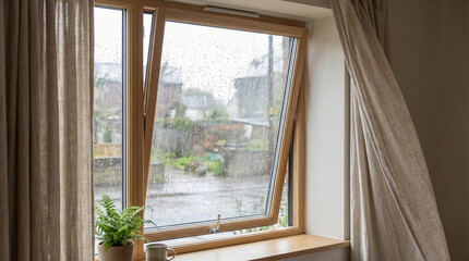 Open window with rain view and green plants indoors   © VectorVille