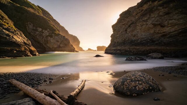 Showing sandy cove with driftwood and boulder shifting sand glare as sun causing tidal pull