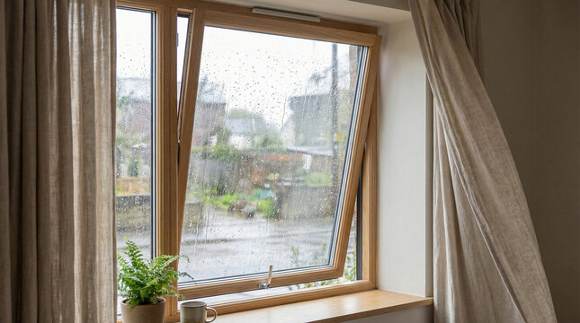 Open window with rain view and green plants indoors  