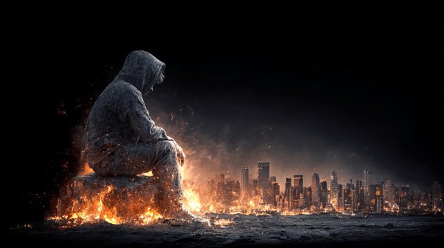 Sad person sits on a burning world.