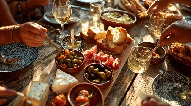 Friends eat tapas at a table, reaching for appetizers together.