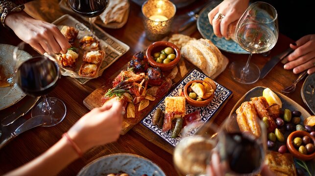 Friends eat tapas at a table, reaching for appetizers together.