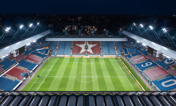 Krakow (Krakow), Poland - March 19, 2026: Night aerial view of Henryk Reyman Municipal Stadium (Stadion Miejski im. Henryka Reymana), home of Wisla Krakow