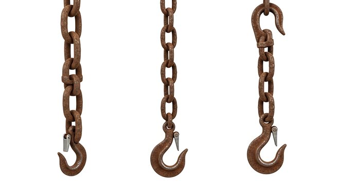 Three rusty metal chains with hooks hanging against a white background